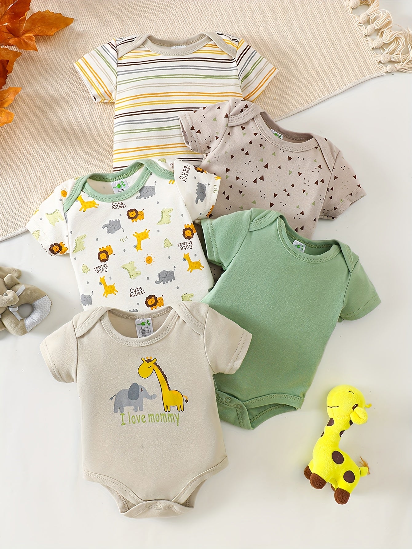 Kit Body Bebê – 5 Peças em Tecido Macio com Estampas de Animais
