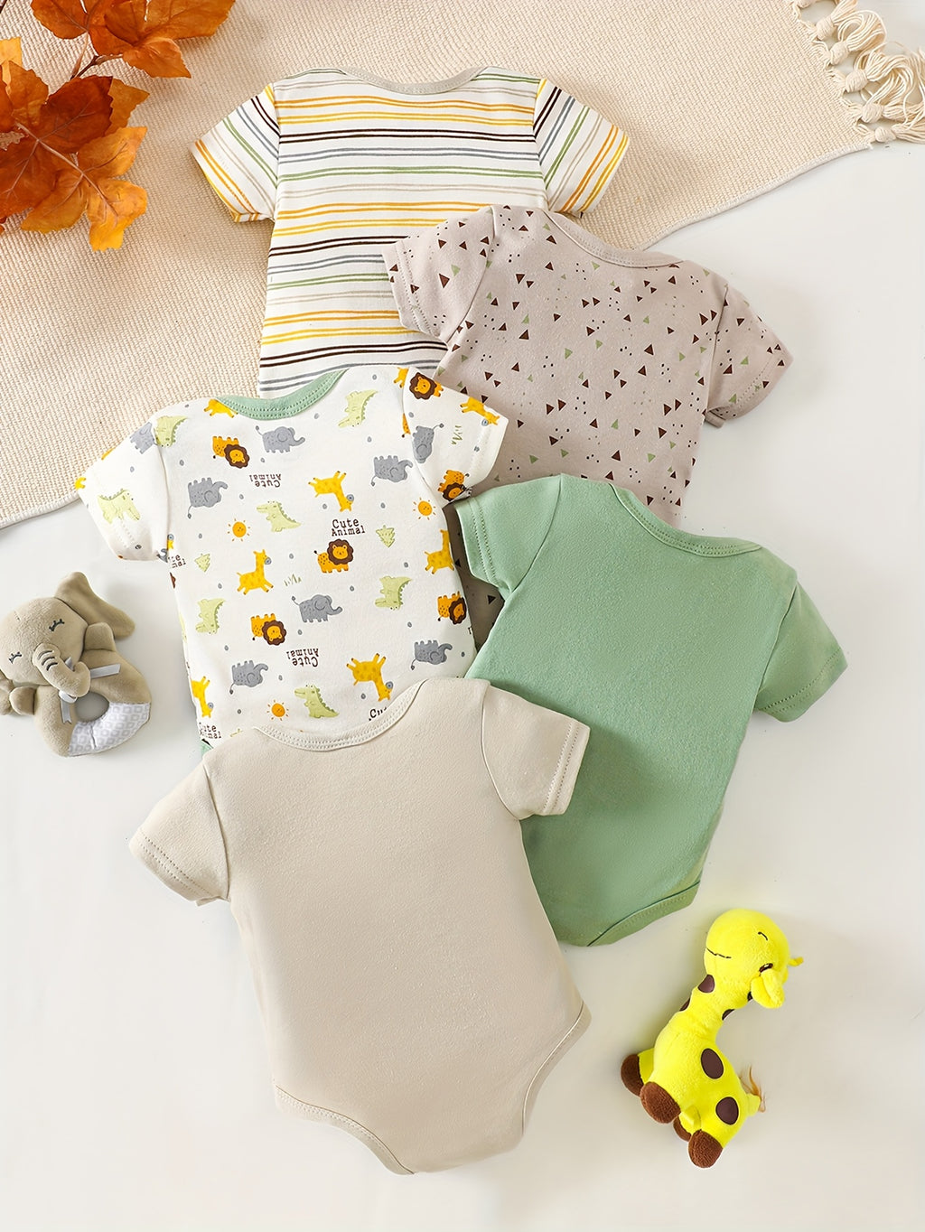 Kit Body Bebê – 5 Peças em Tecido Macio com Estampas de Animais