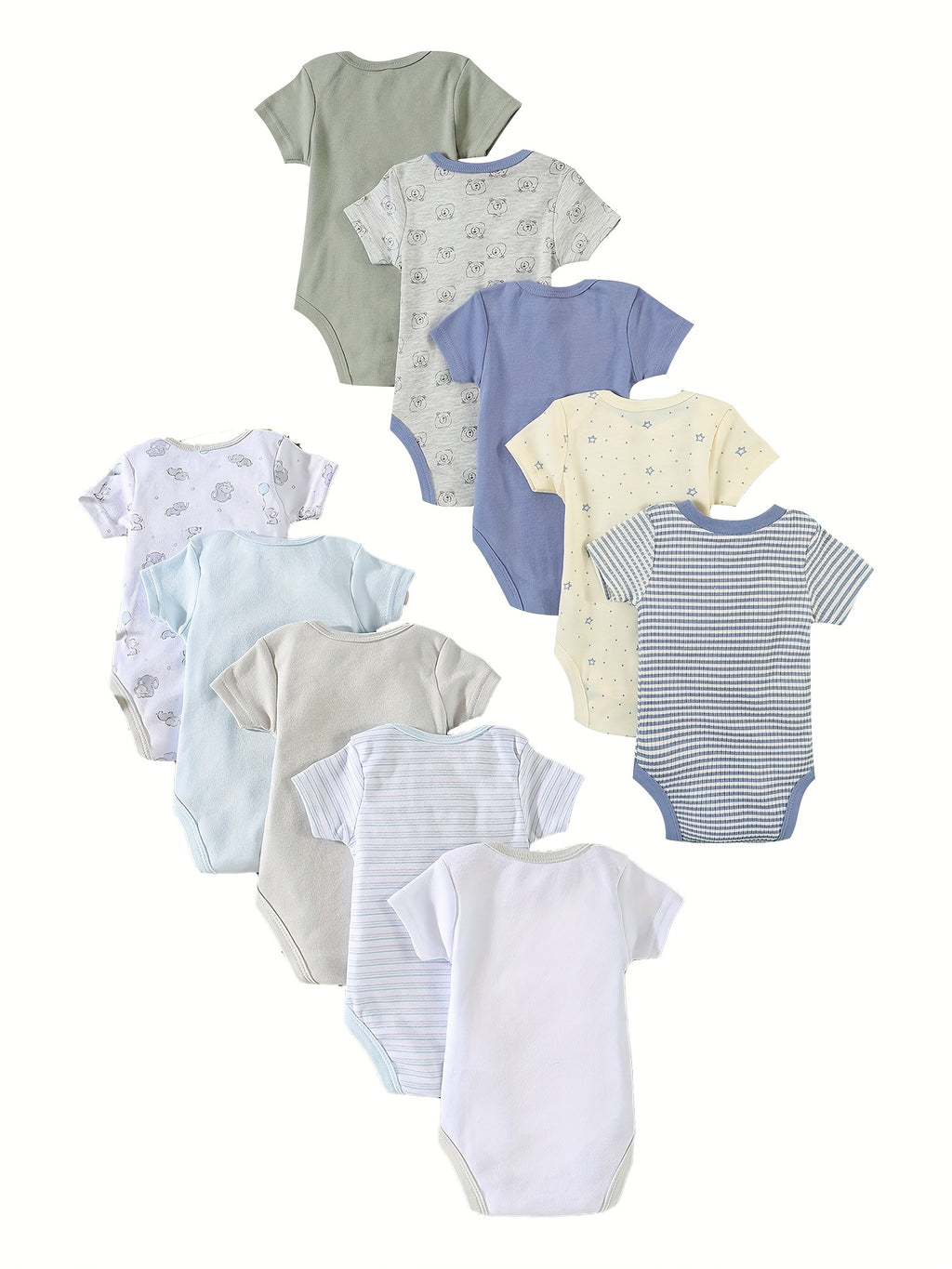 Kit Body Bebê Cozy Comfort – 10 Peças em Algodão com Bordados de Urso e Elefante