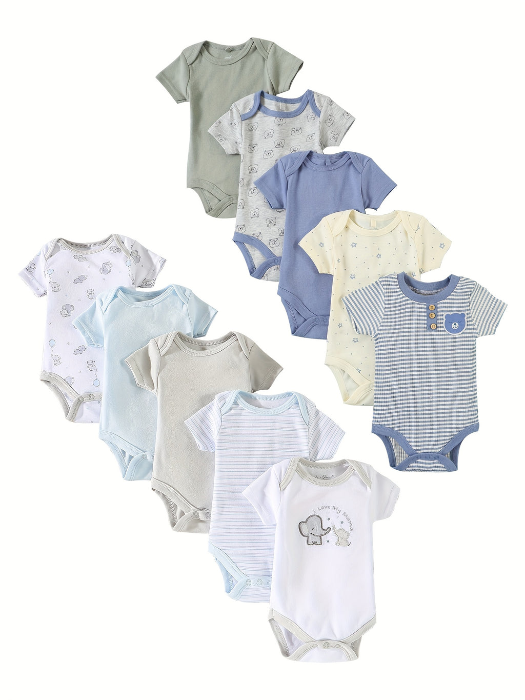 Kit Body Bebê Cozy Comfort – 10 Peças em Algodão com Bordados de Urso e Elefante