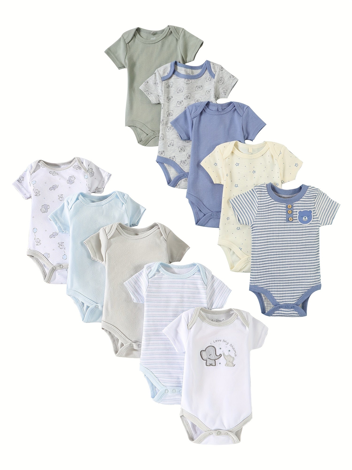 Kit Body Bebê Cozy Comfort – 10 Peças em Algodão com Bordados de Urso e Elefante