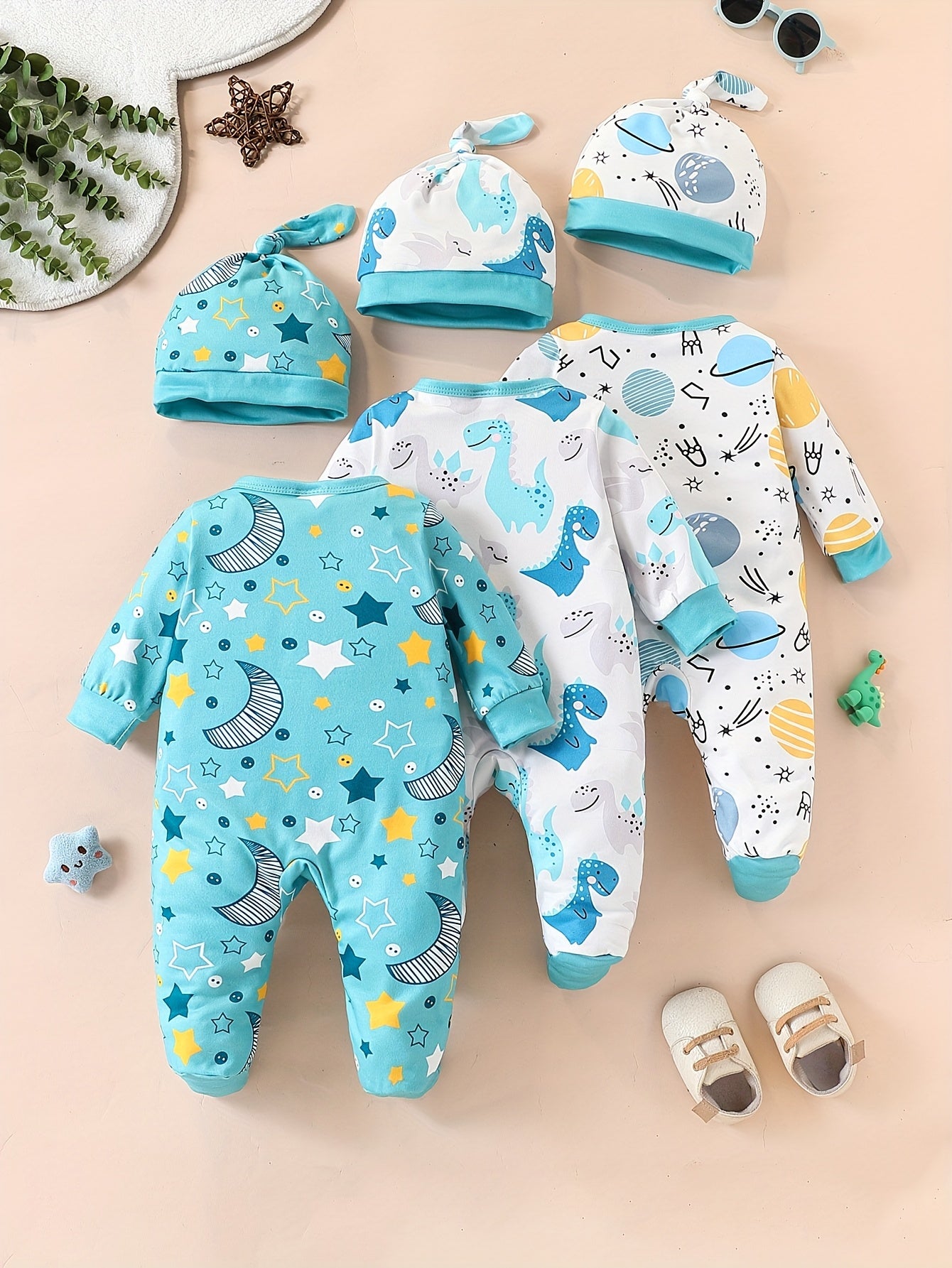 Conjunto Bebê Celestial Dino – Kit 6 Peças com Estampa de Estrelas e Dinossauros