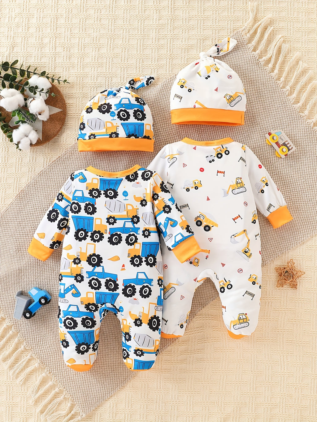 Conjunto Bebê Construction Crew – Kit 4 Peças com Estampa de Veículos de Construção