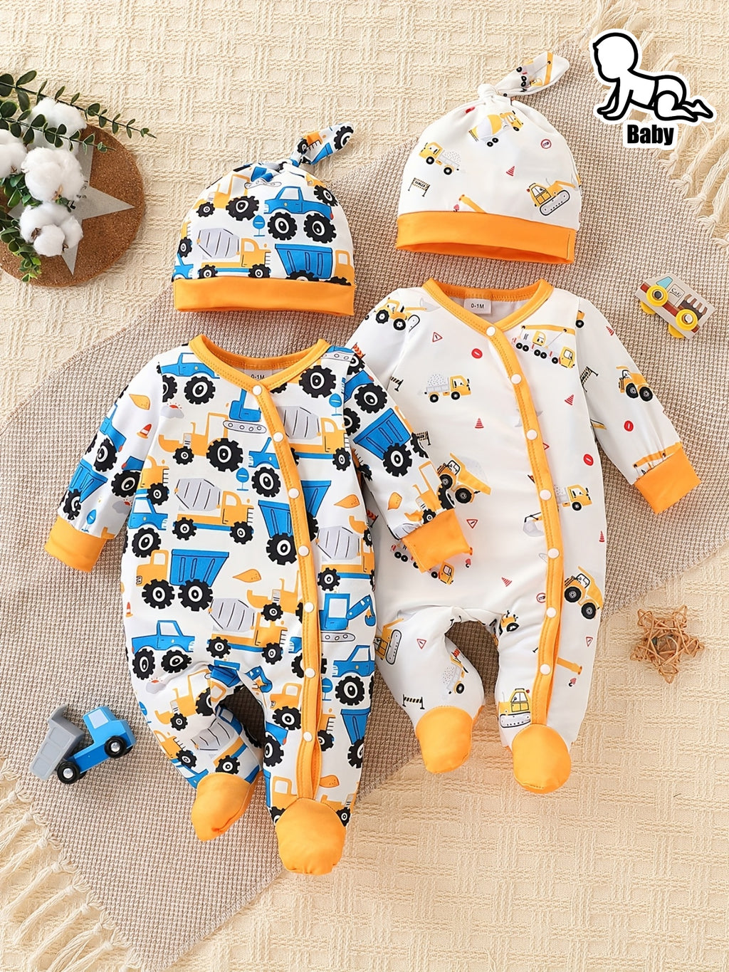 Conjunto Bebê Construction Crew – Kit 4 Peças com Estampa de Veículos de Construção