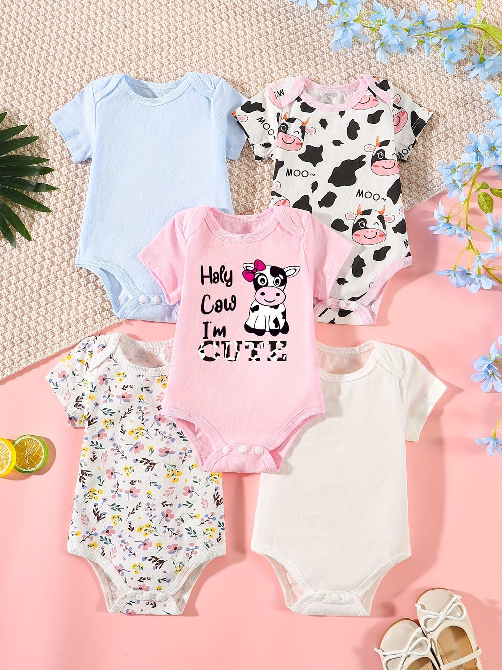 Kit Body Bebê – 5 Peças de Manga Curta com Estampas Divertidas