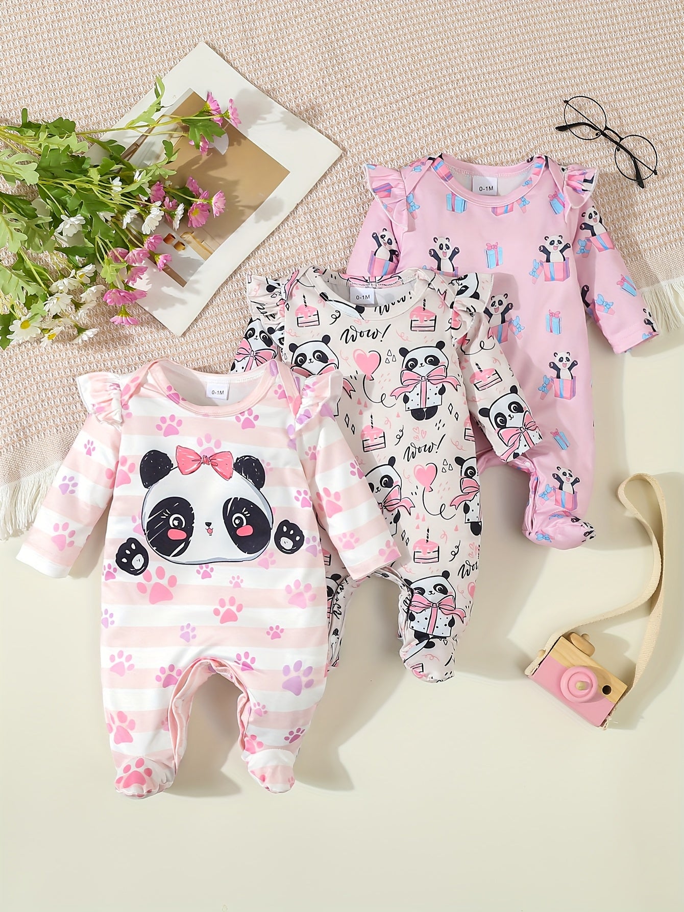 Kit Body Bebê Sweet Dreams – 3 Peças de Manga Longa com Estampas de Panda e Coração