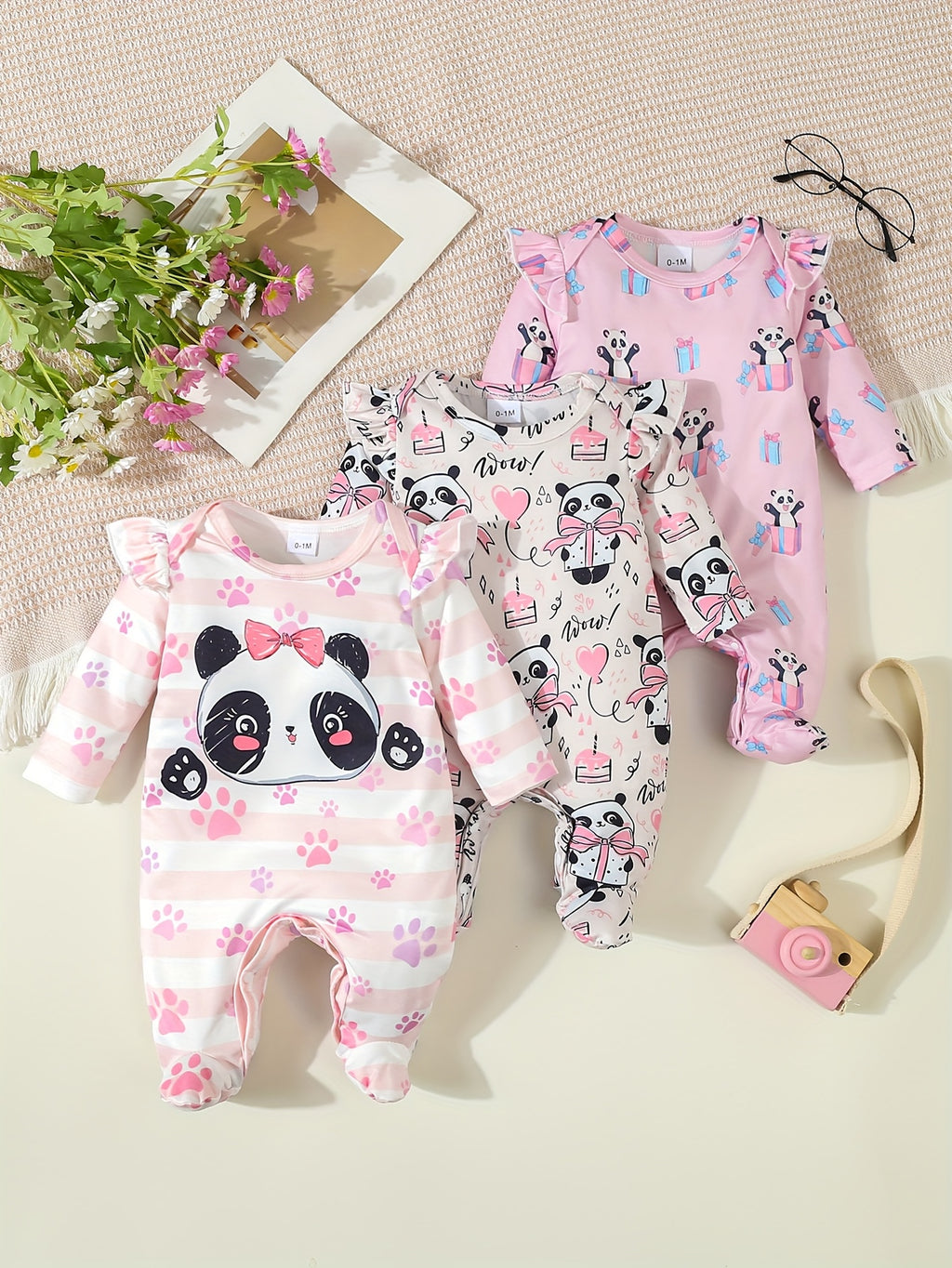 Kit Body Bebê Sweet Dreams – 3 Peças de Manga Longa com Estampas de Panda e Coração