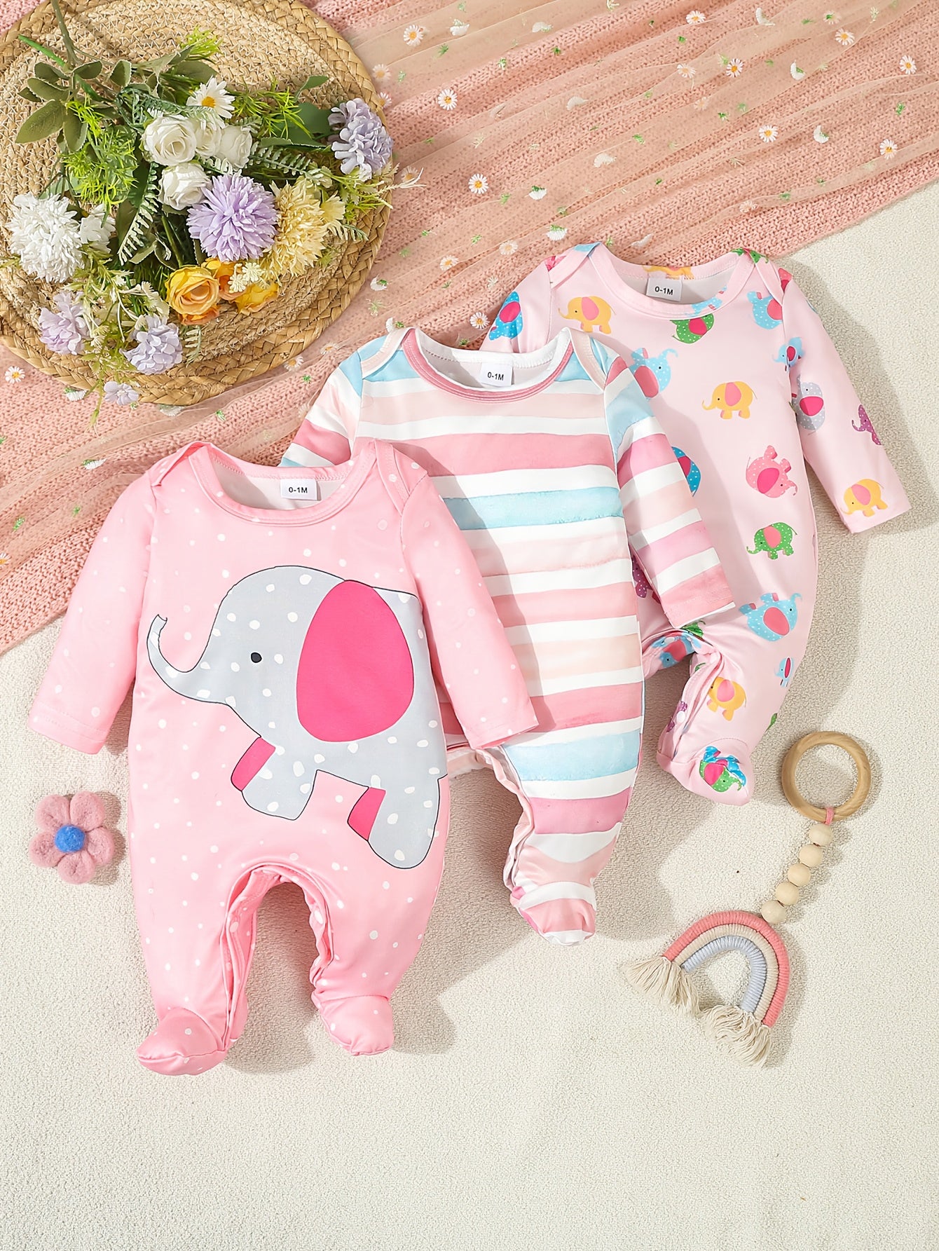 Kit Romper Bebê – 3 Peças com Estampa de Elefante e Floral