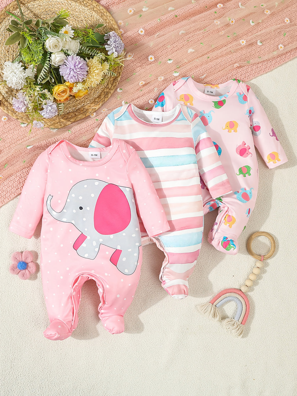 Kit Romper Bebê – 3 Peças com Estampa de Elefante e Floral