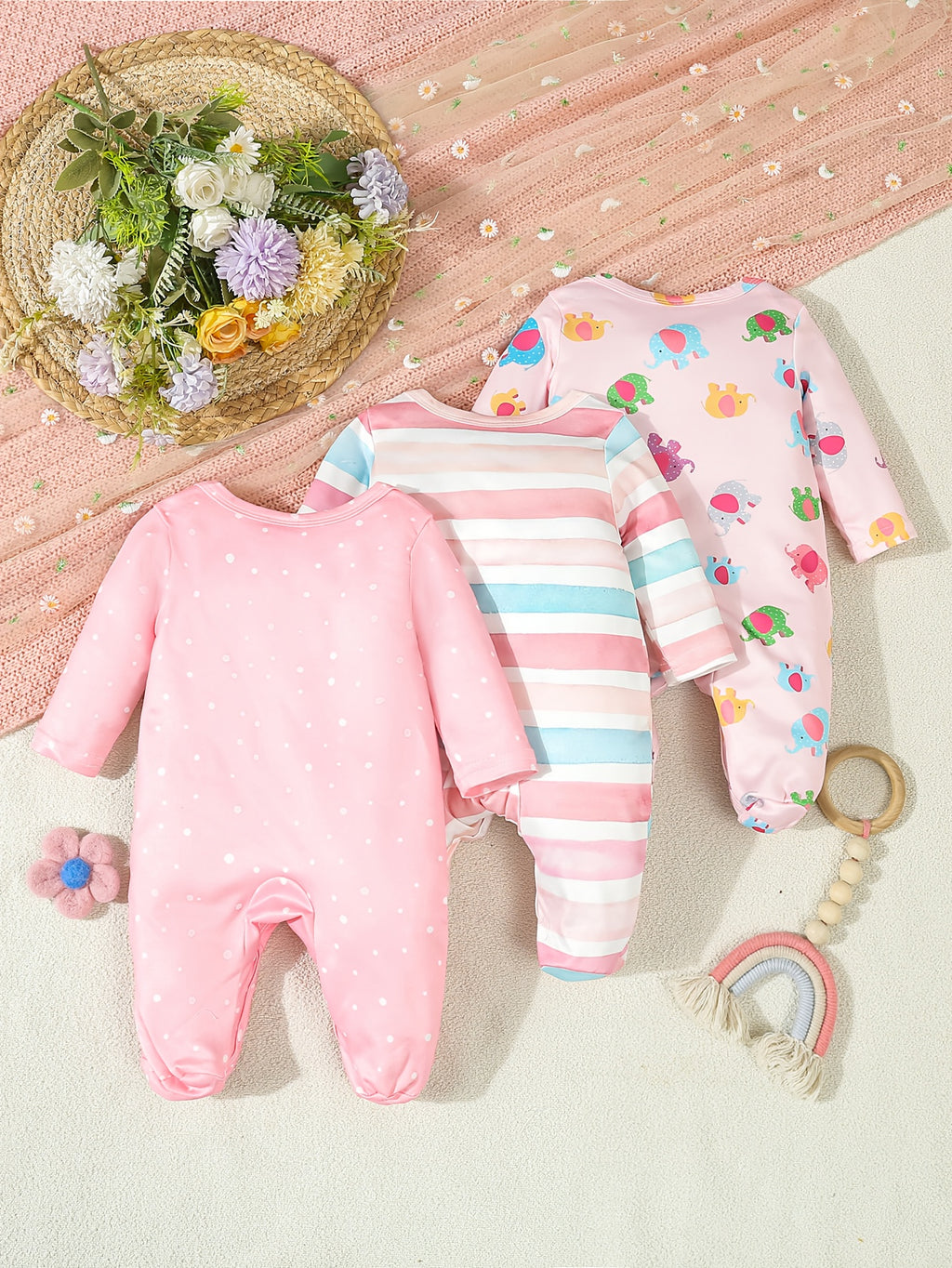 Kit Romper Bebê – 3 Peças com Estampa de Elefante e Floral