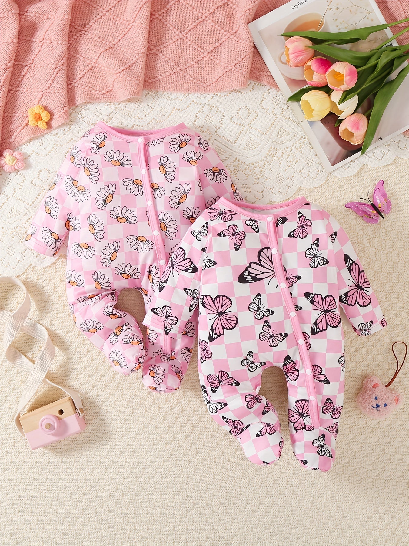 Kit Romper Bebê – 2 Peças Florais com Borboletas e Sapatinhos