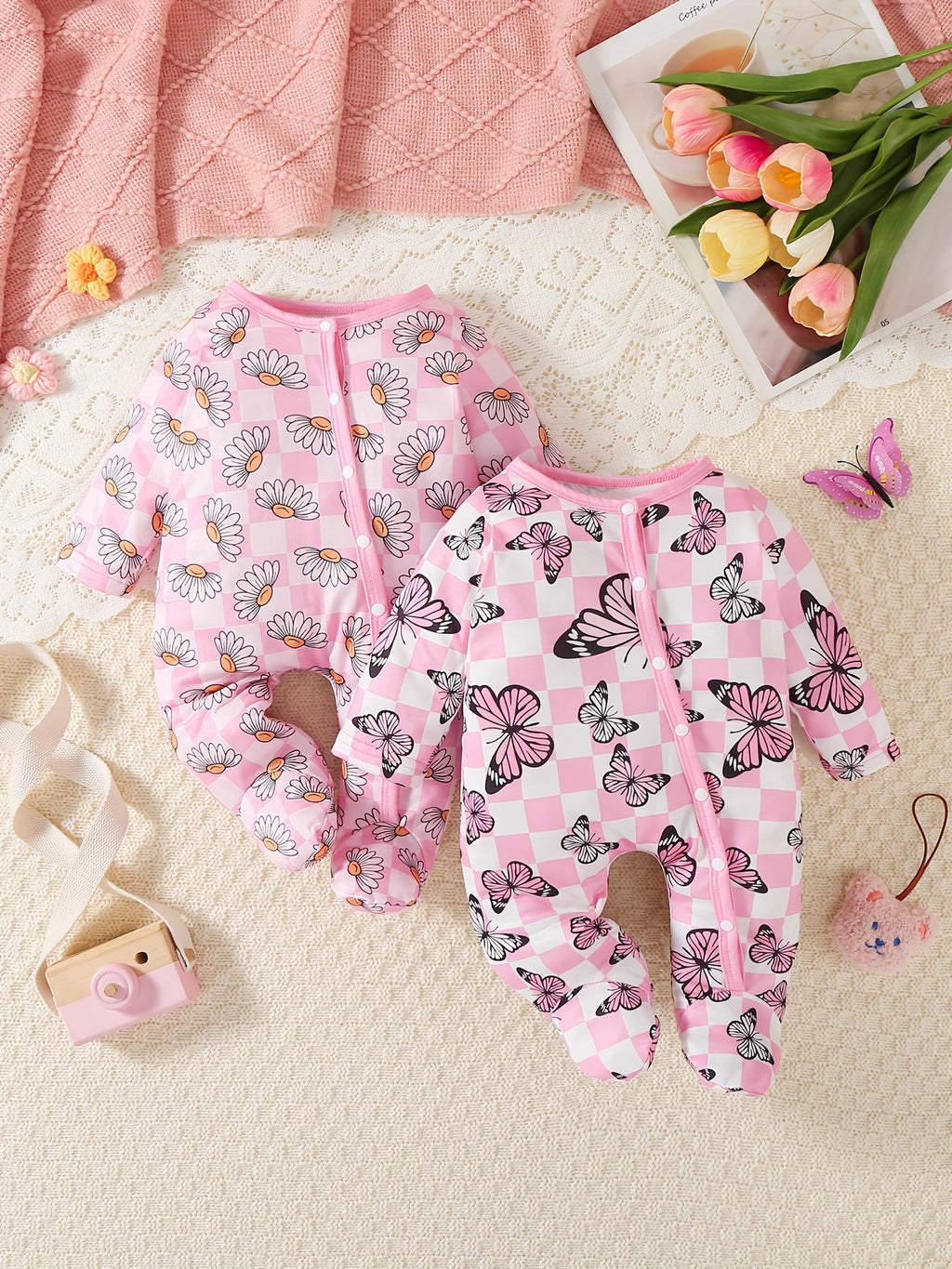 Kit Romper Bebê – 2 Peças Florais com Borboletas e Sapatinhos